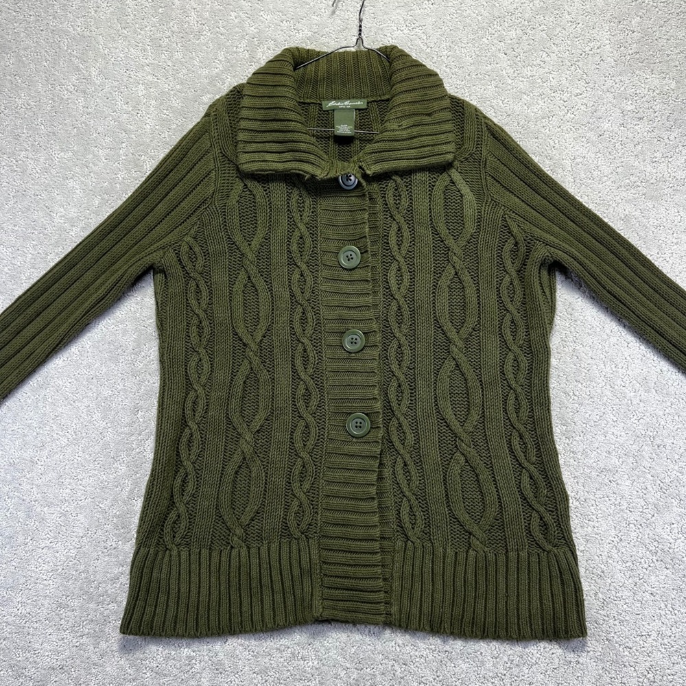 Eddie Bauer Cardigan‎ Sweater Womens XL Green Cable Knit Button Front Fisherman - Picture 2 of 13